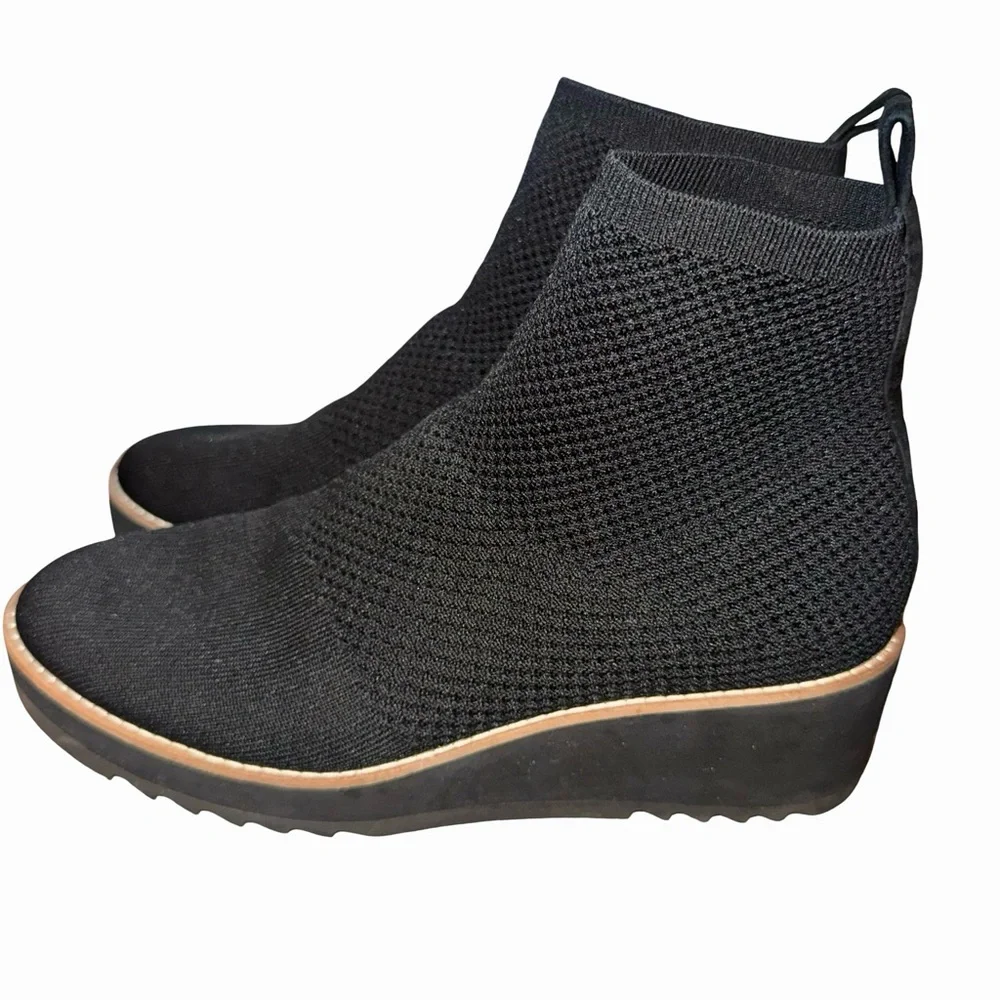 Eileen Fisher Knit Wedge Ankle Boots Black Stretch Sock Boot Minimalist Size 9.5